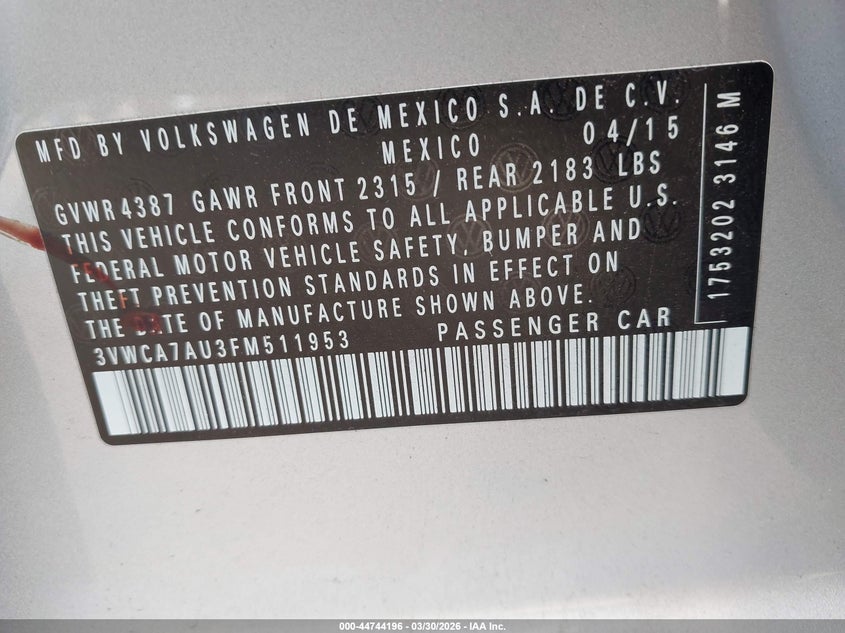 2015 Volkswagen Golf Sportwagen Tdi S 4-Door VIN: 3VWCA7AU3FM511953 Lot: 44744196