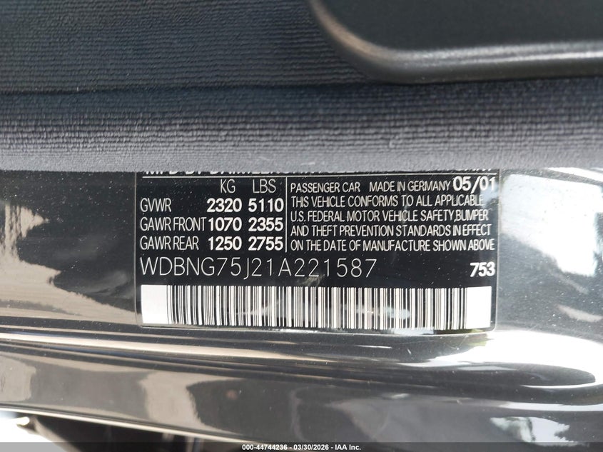 2001 Mercedes-Benz S 500 VIN: WDBNG75J21A221587 Lot: 44744236