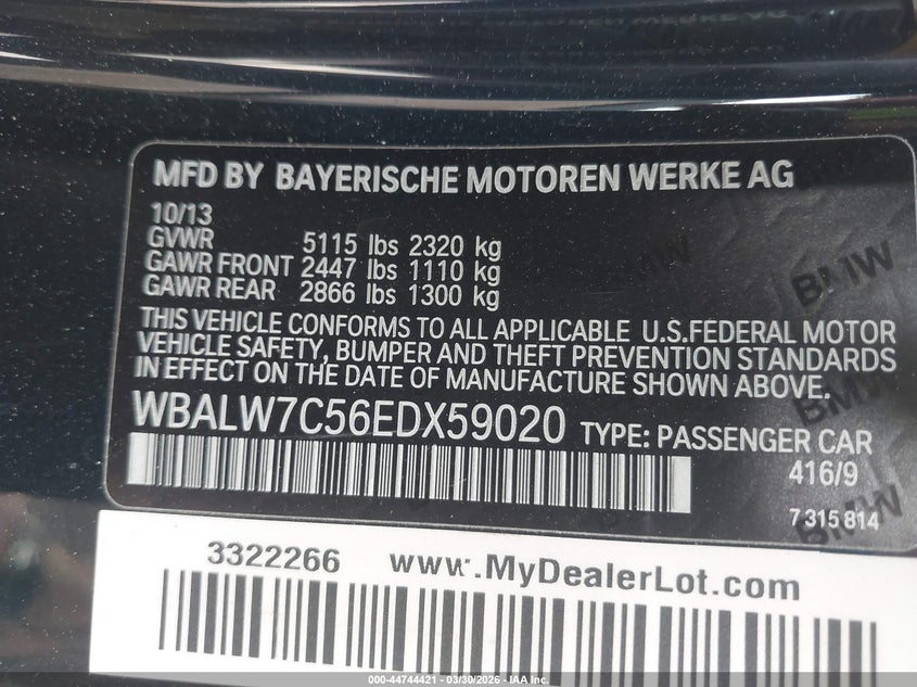 2014 BMW 640I VIN: WBALW7C56EDX59020 Lot: 44744421