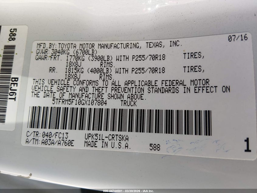 2016 TOYOTA TUNDRA VIN: 5TFRM5F10GX107804
