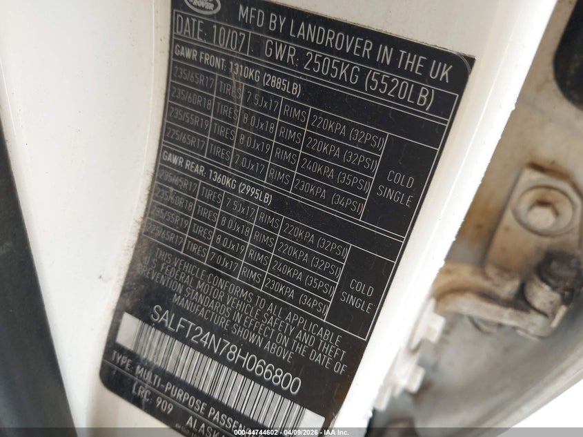 2008 Land Rover Lr2 Hse VIN: SALFT24N78H066800 Lot: 44744602