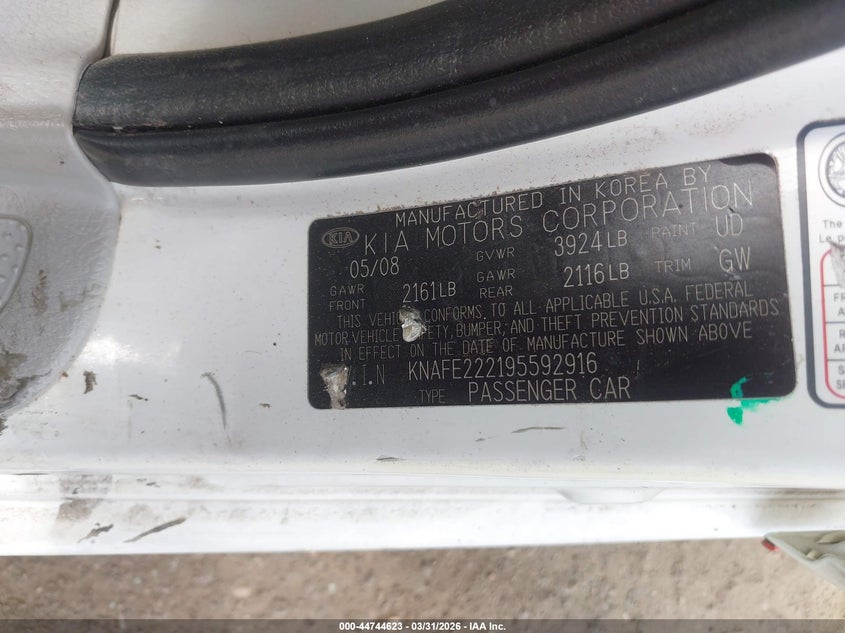 2009 Kia Spectra Ex VIN: KNAFE222195592916 Lot: 44744623