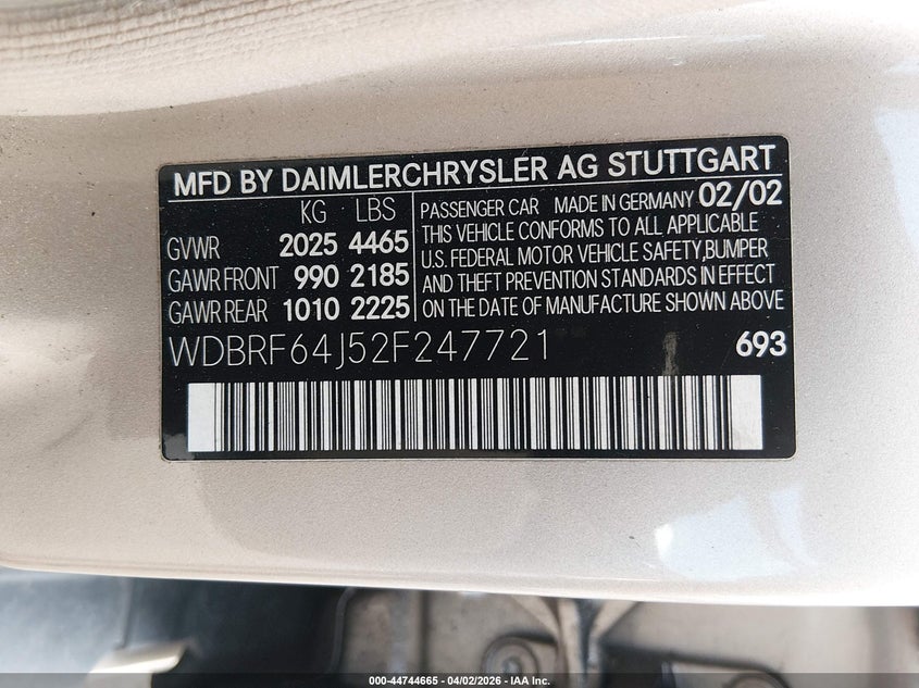 2002 Mercedes-Benz C 320 VIN: WDBRF64J52F247721 Lot: 44744665