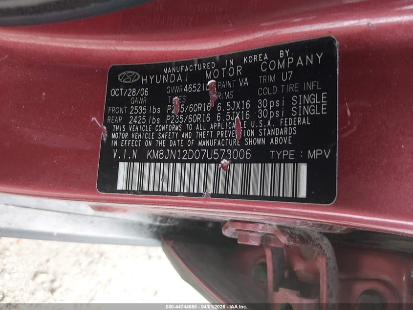2007 Hyundai Tucson Limited/Se VIN: KM8JN12D07U573006 Lot: 44744668