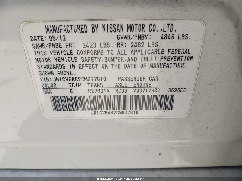 INFINITI G37 SEDAN 2012 VIN JN1CV6AR2CM977610