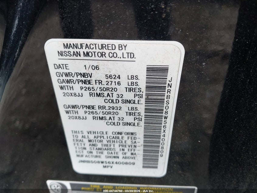 2006 Infiniti Fx45 VIN: JNRBS08W56X400809 Lot: 44744760