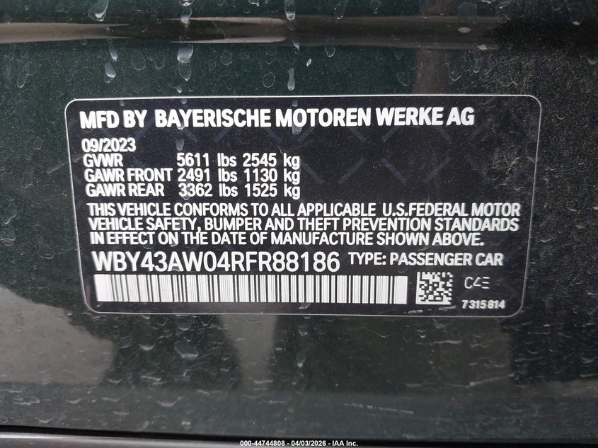 2024 BMW I4 Gran Coupe Edrive35 VIN: WBY43AW04RFR88186 Lot: 44744808