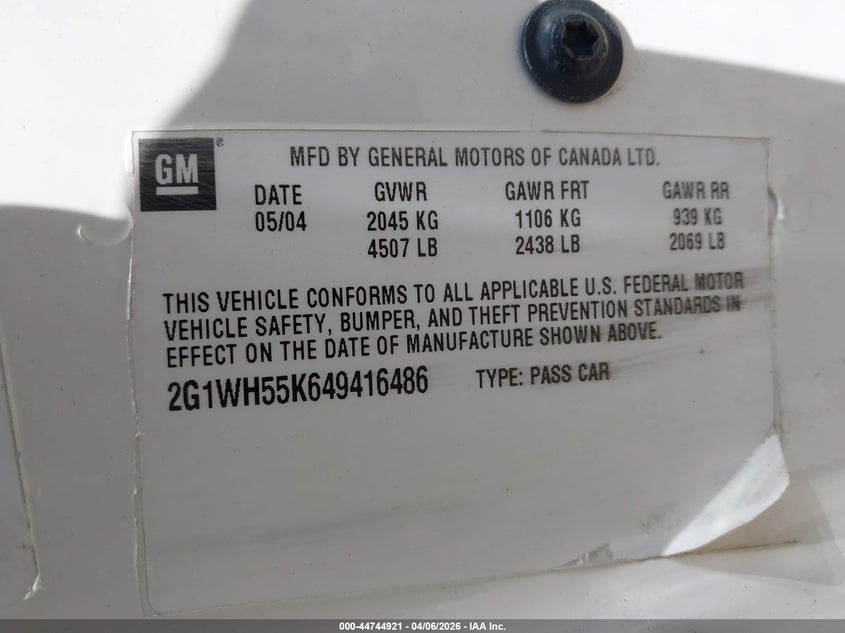 2004 Chevrolet Impala Ls VIN: 2G1WH55K649416486 Lot: 44744921