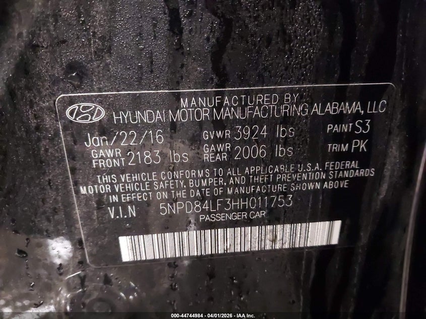 VIN 5NPD84LF3HH011753 2017 HYUNDAI ELANTRA LIMITED