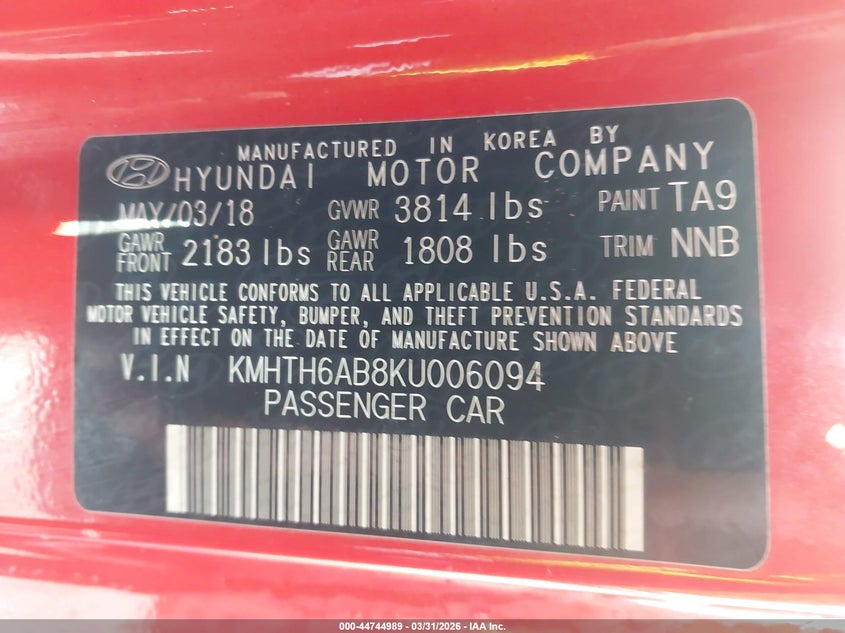 2019 Hyundai Veloster Turbo R-Spec VIN: KMHTH6AB8KU006094 Lot: 44744989