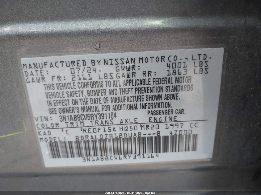 2024 NISSAN SENTRA 2.0L I-4 DI, DOHC, V(VIN: 3N1AB8CV6RY391164