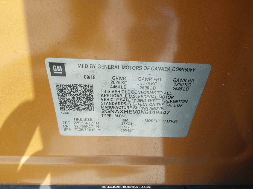 CHEVROLET EQUINOX 2019 VIN 2GNAXHEV0K6149447