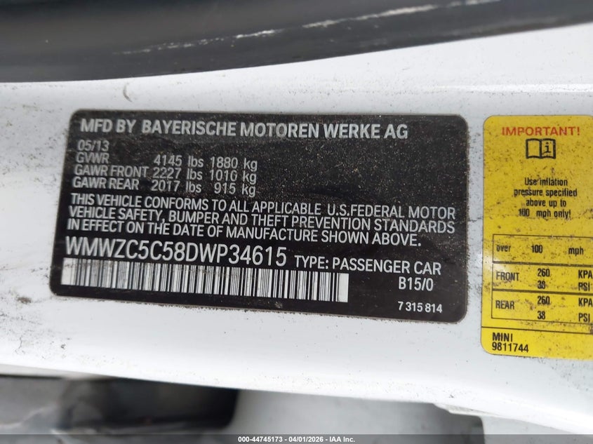 2013 Mini Countryman Cooper S VIN: WMWZC5C58DWP34615 Lot: 44745173