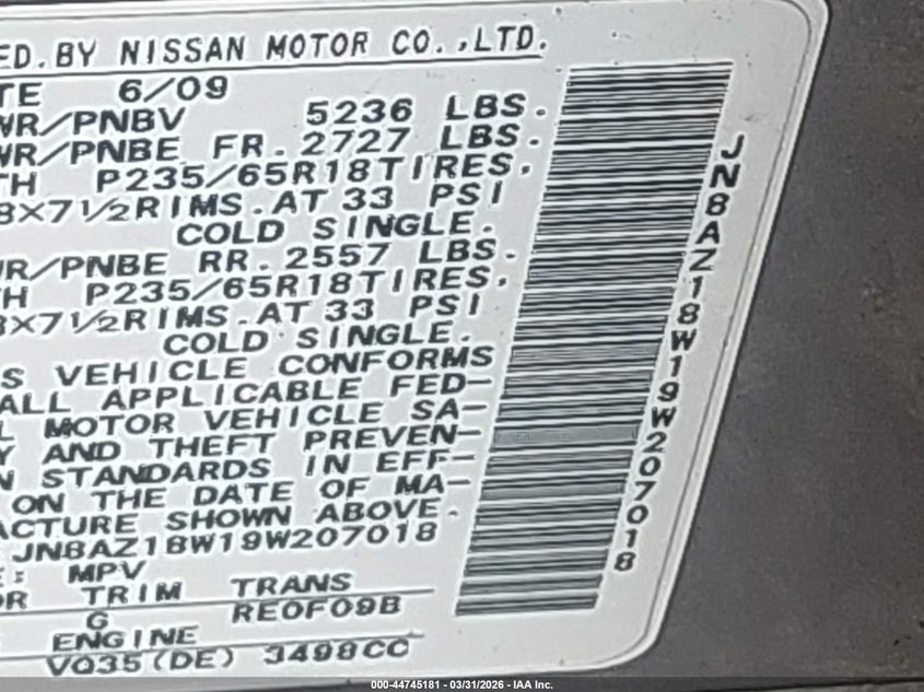 2009 Nissan Murano S VIN: JN8AZ18W19W207018 Lot: 44745181