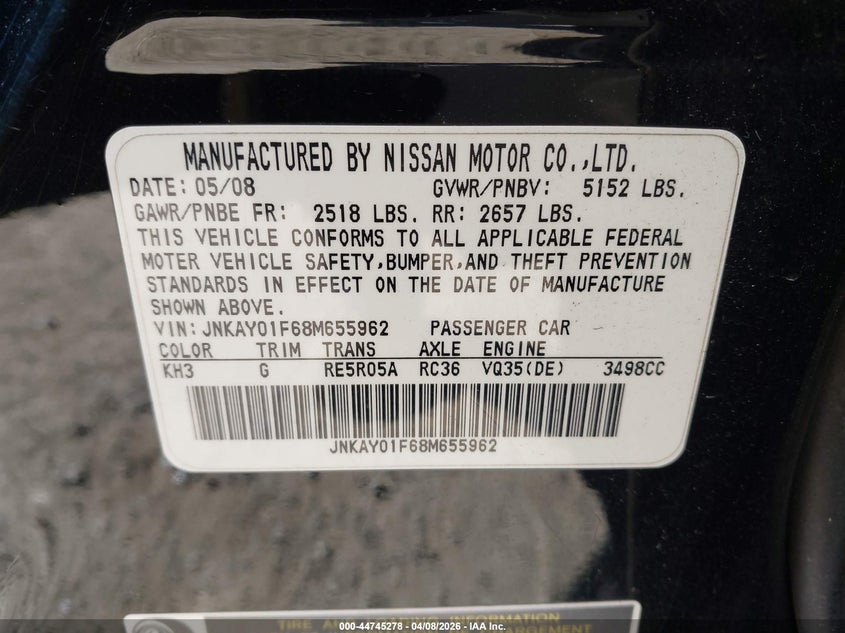 2008 Infiniti M35X VIN: JNKAY01F68M655962 Lot: 44745278