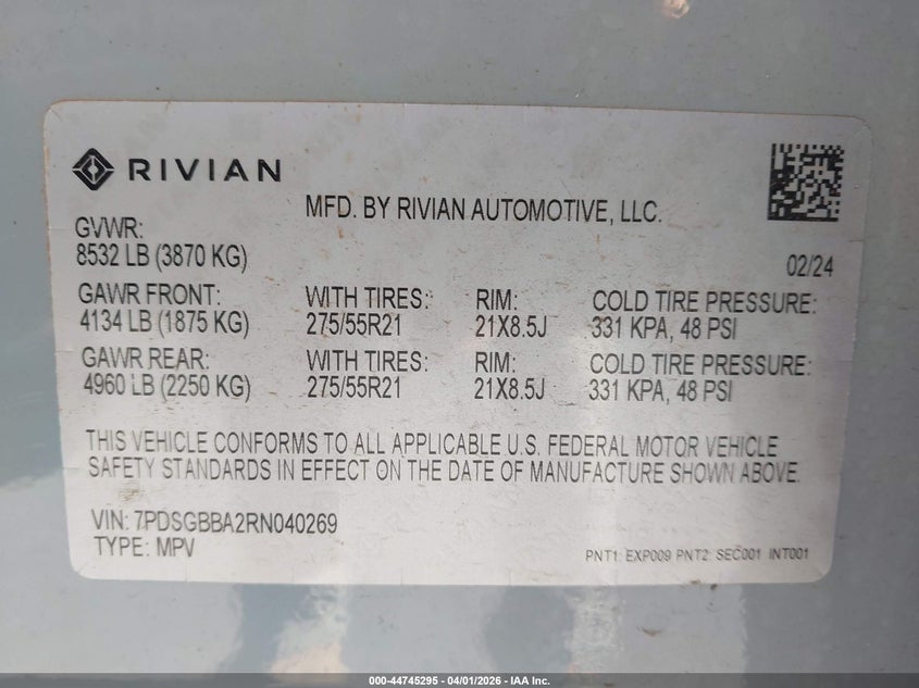 2024 Rivian R1S Adventure Dual Motor Large Pack/Adventure Dual Motor Perf Large Pack VIN: 7PDSGBBA2RN040269 Lot: 44745295
