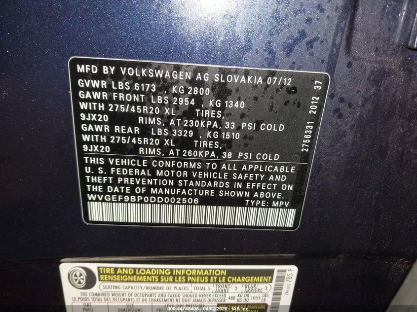 2013 Volkswagen Touareg Vr6 Executive VIN: WVGEF9BP0DD002506 Lot: 44745406