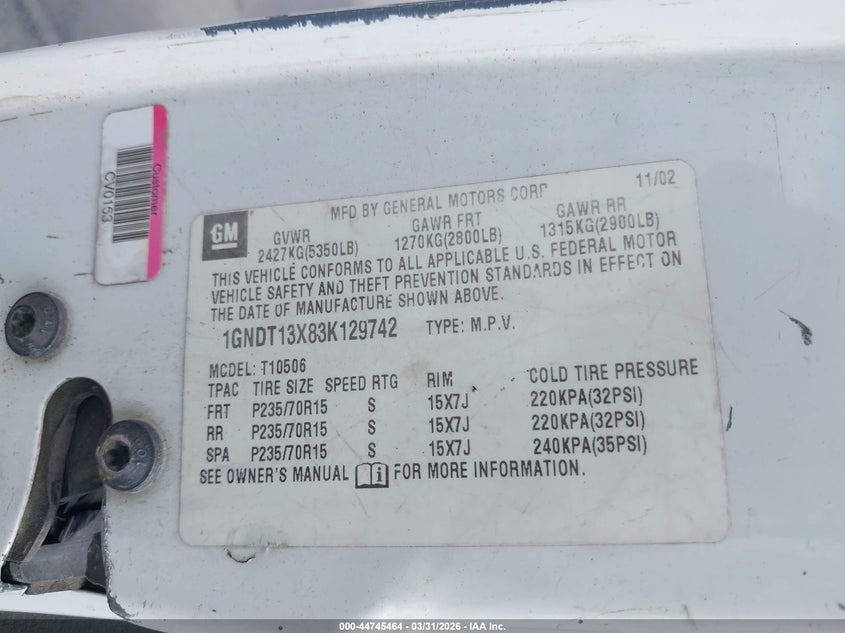 2003 Chevrolet Blazer Ls VIN: 1GNDT13X83K129742 Lot: 44745464