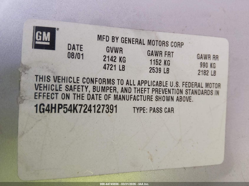 2002 Buick Lesabre Custom VIN: 1G4HP54K724127391 Lot: 44745556