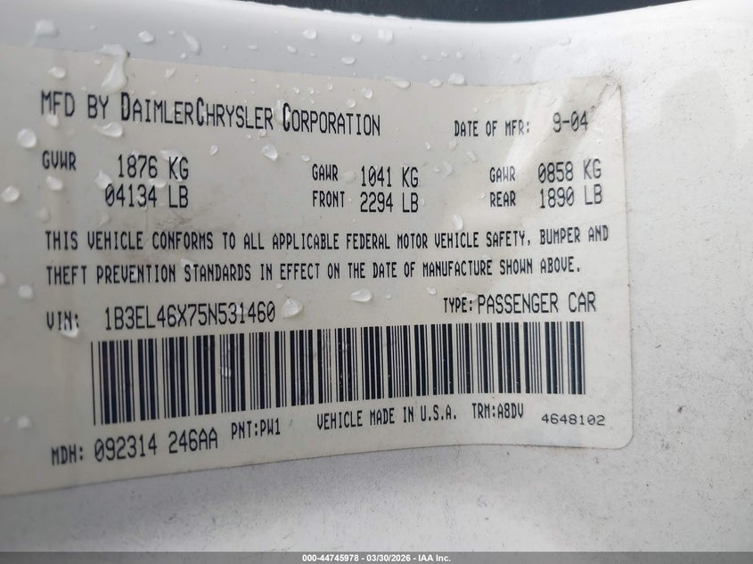 2005 Dodge Stratus Sxt VIN: 1B3EL46X75N531460 Lot: 44745978