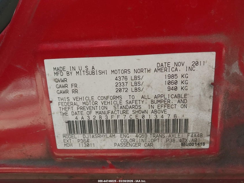 2012 Mitsubishi Galant Es/Se VIN: 4A32B3FF7CE013476 Lot: 44746025