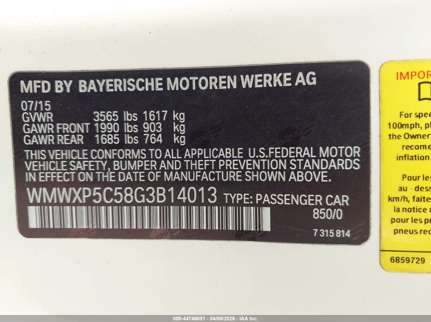 2016 Mini Hardtop Cooper VIN: WMWXP5C58G3B14013 Lot: 44746051
