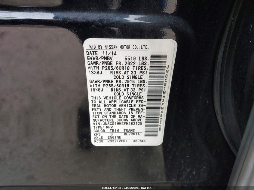 2015 Infiniti Qx70 VIN: JN8CS1MW3FM482125 Lot: 44746188