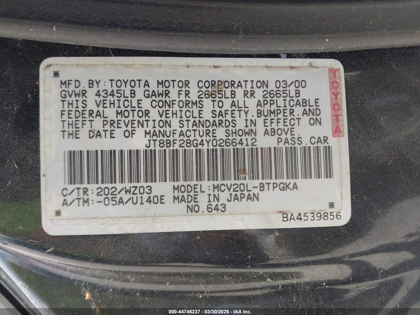 2000 Lexus Es 300 VIN: JT8BF28G4Y0266412 Lot: 44746237