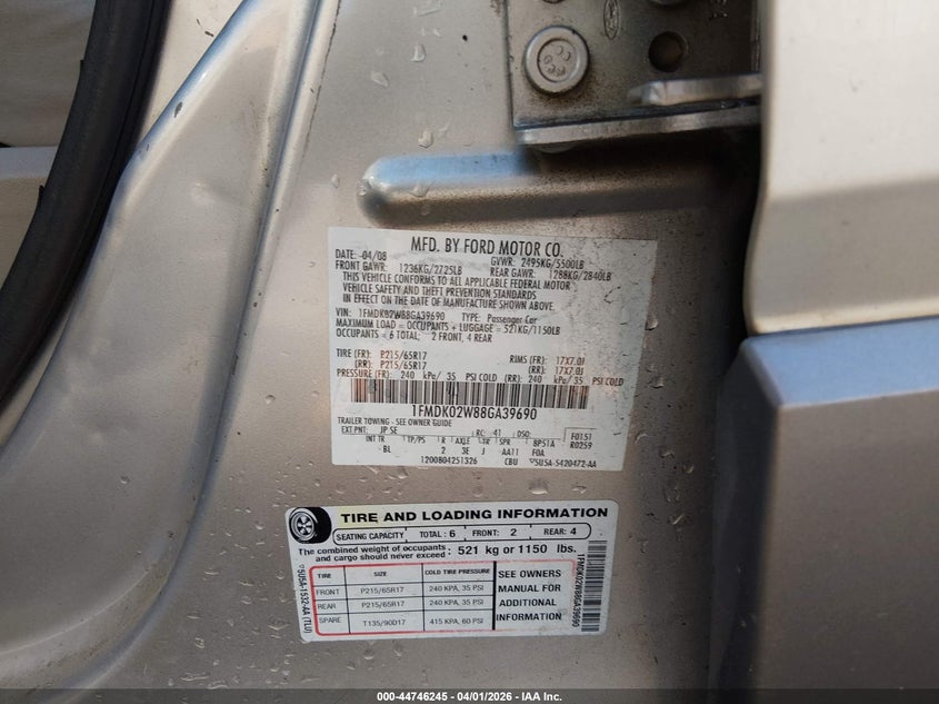 2008 Ford Taurus X Sel VIN: 1FMDK02W88GA39690 Lot: 44746245