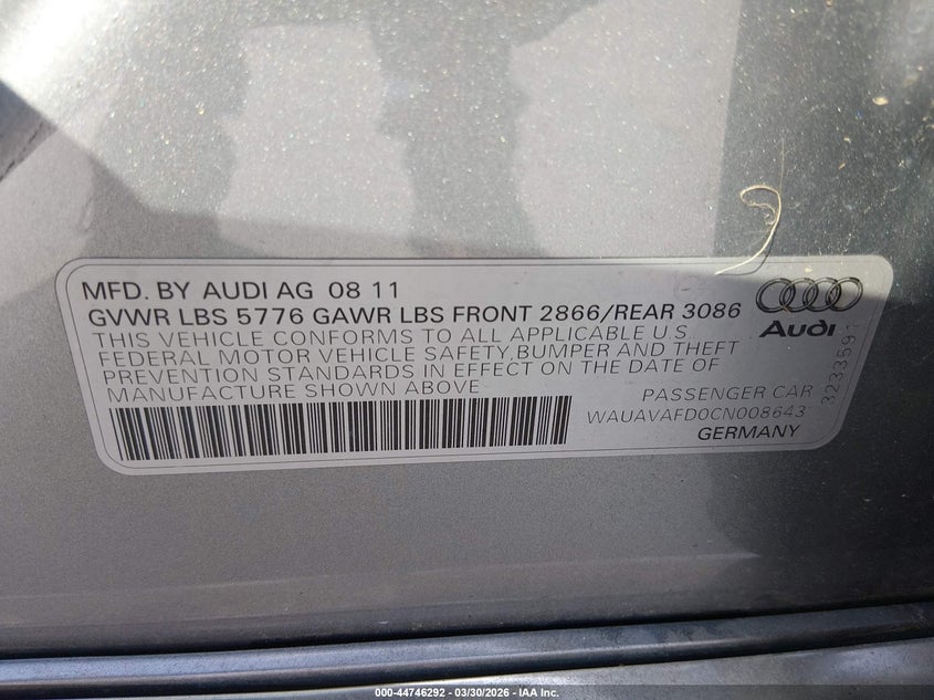 2012 Audi A8 4.2 VIN: WAUAVAFD0CN008643 Lot: 44746292