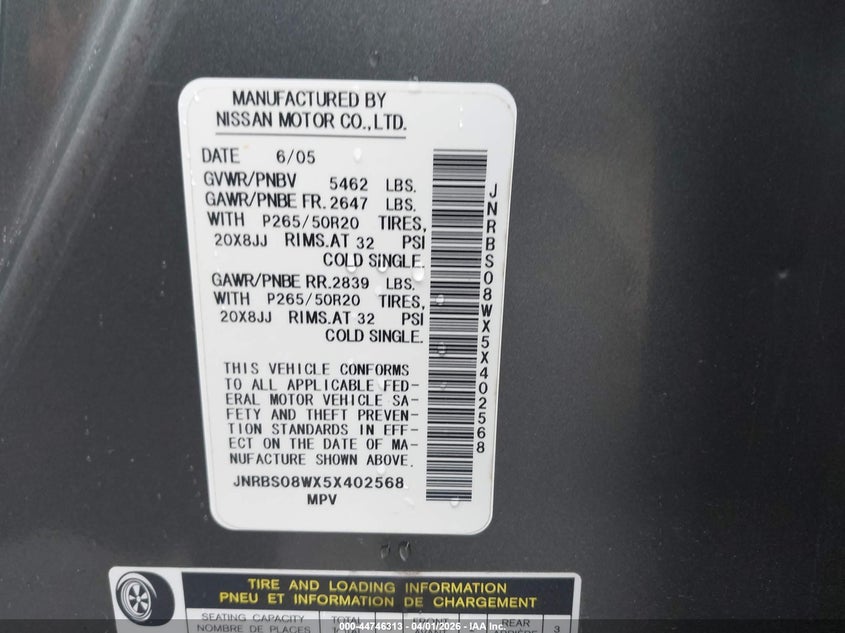 2005 Infiniti Fx45 VIN: JNRBS08WX5X402568 Lot: 44746313