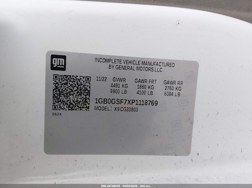 2023 Chevrolet Express Cutaway Work Van VIN: 1GB0GSF7XP1118769 Lot: 44746328