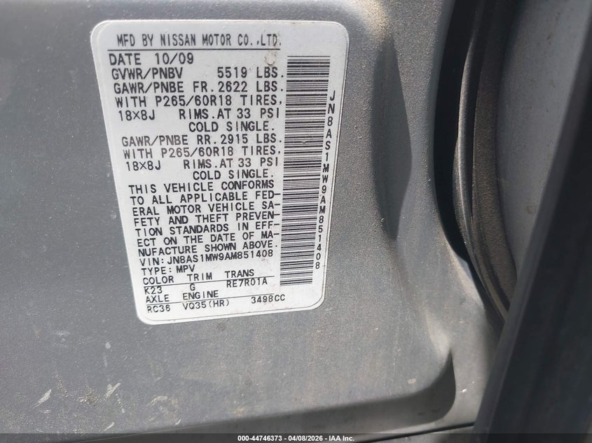 2010 Infiniti Fx35 VIN: JN8AS1MW9AM851408 Lot: 44746373