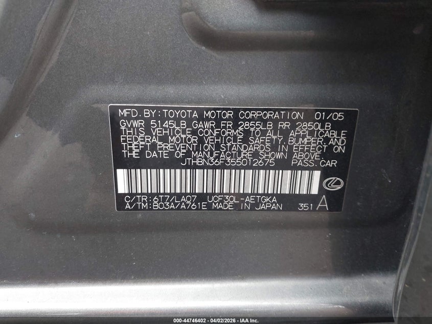 2005 Lexus Ls 430 VIN: JTHBN36F355012675 Lot: 44746402