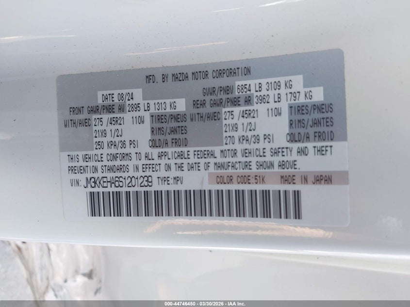 2025 Mazda Cx-90 Phev Premium Plus Package VIN: JM3KKEHA6S1201239 Lot: 44746450