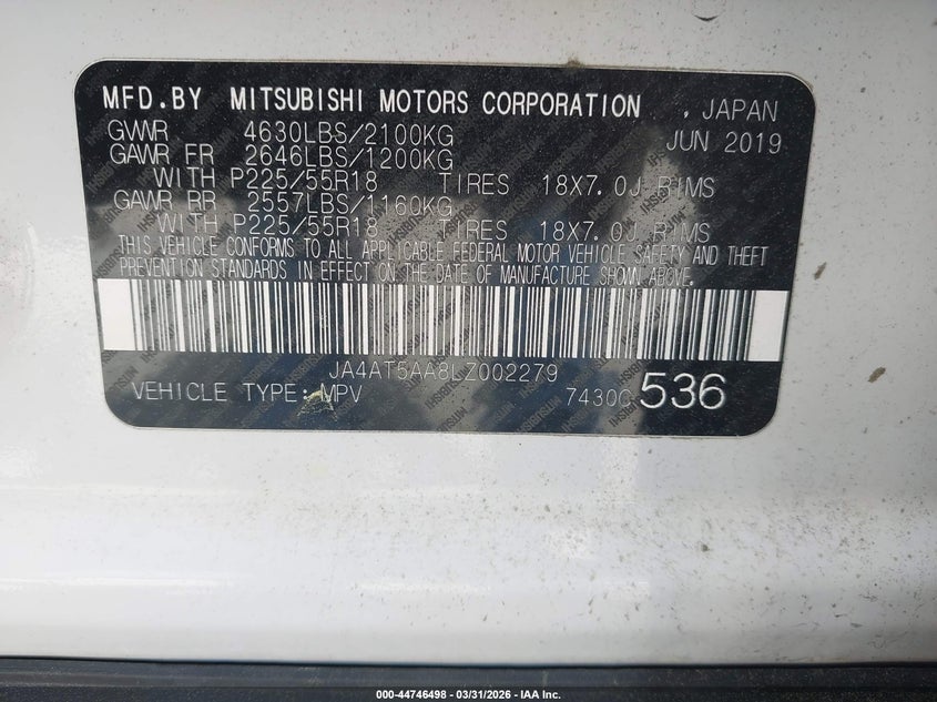 2020 Mitsubishi Eclipse Cross Se 1.5T Awc VIN: JA4AT5AA8LZ002279 Lot: 44746498