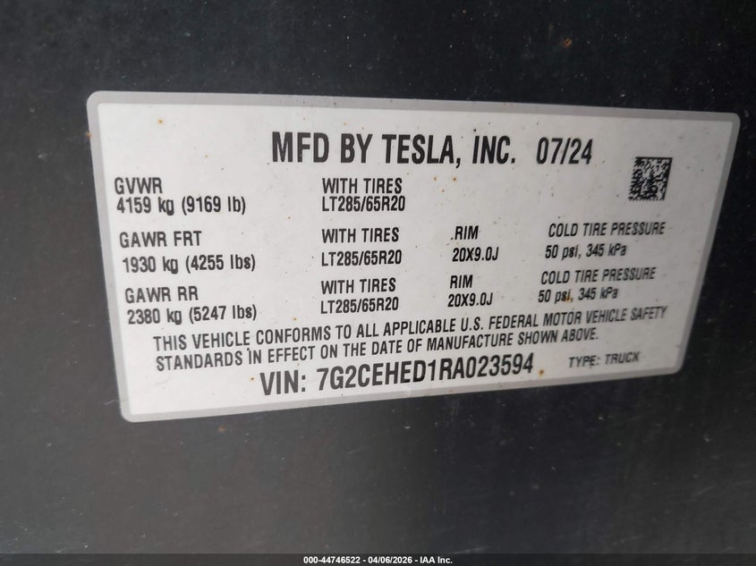 2024 Tesla Cybertruck All-Wheel Drive VIN: 7G2CEHED1RA023594 Lot: 44746522