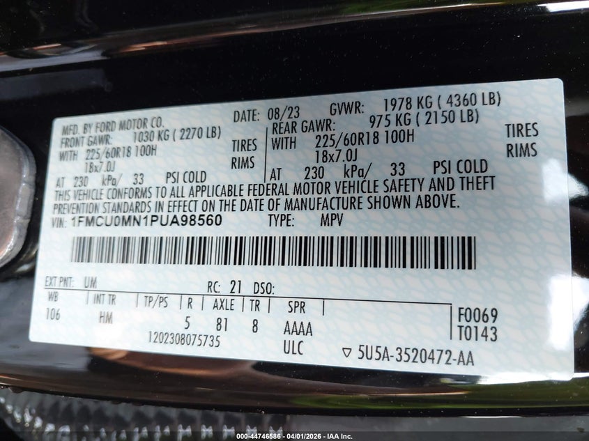 VIN 1FMCU0MN1PUA98560 2023 FORD ESCAPE ST-LINE