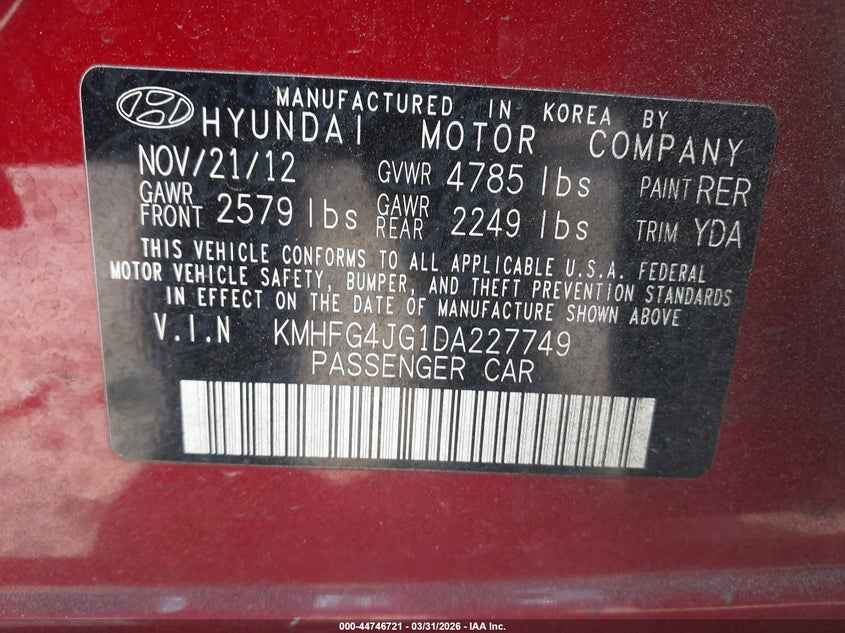 2013 Hyundai Azera VIN: KMHFG4JG1DA227749 Lot: 44746721