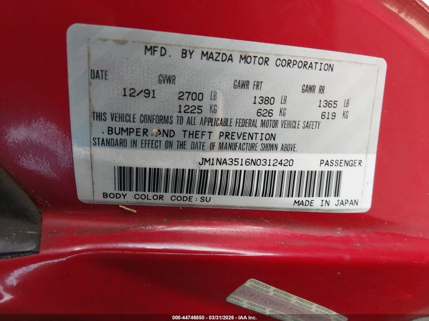 1992 Mazda Mx-5 Miata VIN: JM1NA3516N0312420 Lot: 44746850