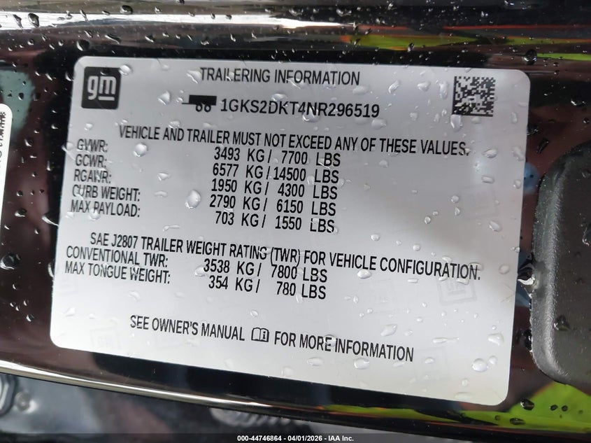 2022 GMC Yukon 4Wd Denali VIN: 1GKS2DKT4NR296519 Lot: 44746864