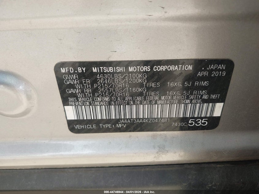 2019 Mitsubishi Eclipse Cross Es VIN: JA4AT3AA4KZ047481 Lot: 44746944