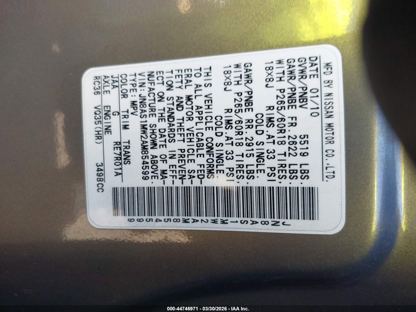 2010 Infiniti Fx35 VIN: JN8AS1MW2AM854599 Lot: 44746971