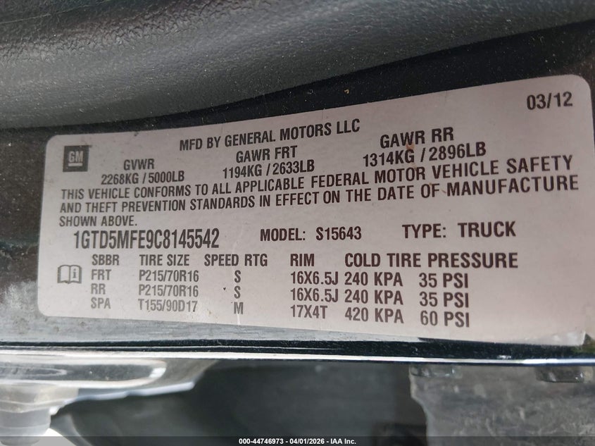 2012 GMC Canyon Sle1 VIN: 1GTD5MFE9C8145542 Lot: 44746973