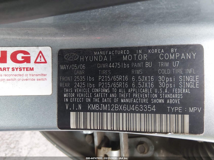 2006 Hyundai Tucson Gl VIN: KM8JM12BX6U463354 Lot: 44747031