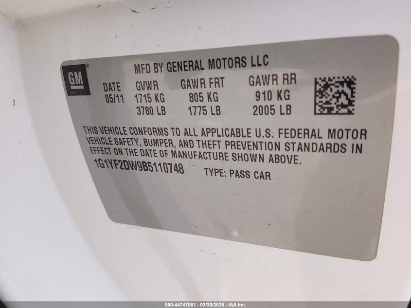 2011 Chevrolet Corvette VIN: 1G1YF2DW9B5110748 Lot: 44747061