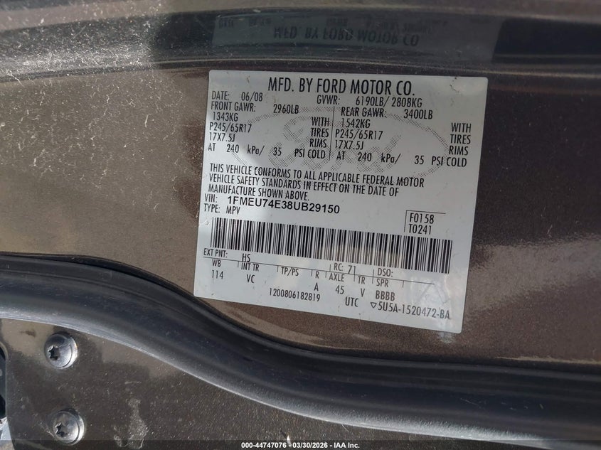 2008 Ford Explorer Eddie Bauer VIN: 1FMEU74E38UB29150 Lot: 44747076