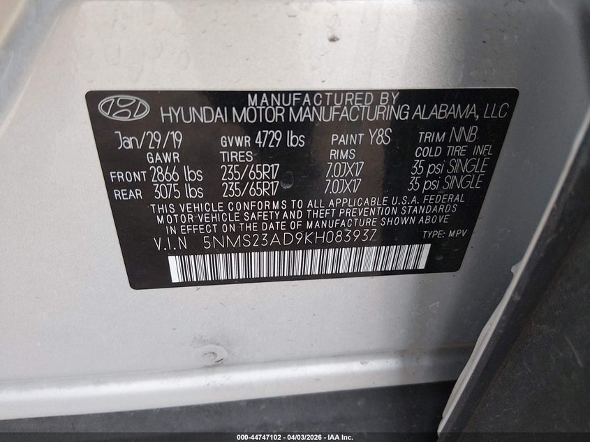 VIN 5NMS23AD9KH083937 2019 HYUNDAI SANTA FE SE