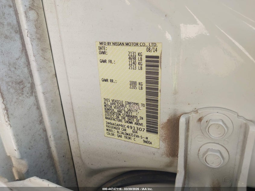 2014 Nissan Maxima 3.5 S VIN: 1N4AA5AP4EC491307 Lot: 44747116