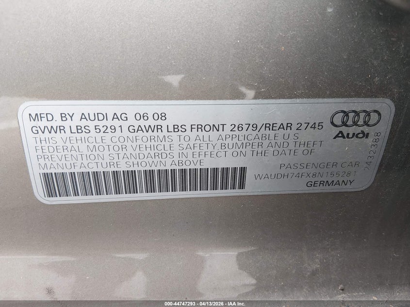 2008 Audi A6 3.2 VIN: WAUDH74FX8N155281 Lot: 44747293